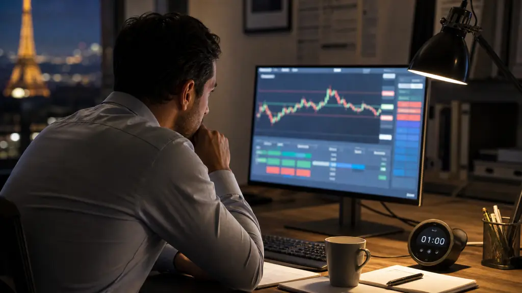 An evening trader comparing a cTrader risk panel with a one-minute stopwatch beside an open stop-loss order, editorial photography, no readable text, no logos