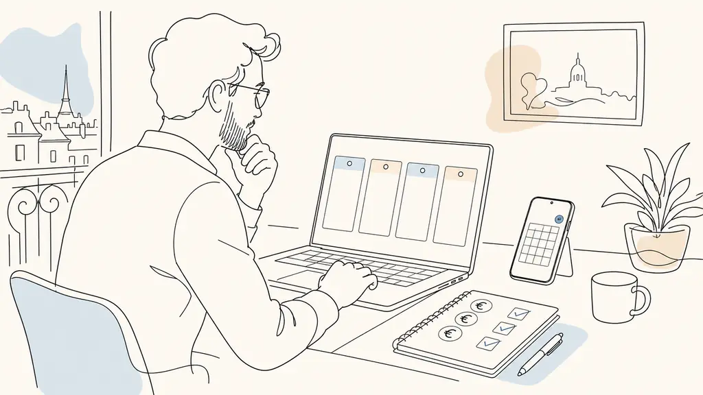 Editorial photo of a French small business owner at a desk comparing four registrar options on a laptop, a paper notebook with simple euro symbols and a checklist, and a smartphone showing a renewal reminder calendar, natural office light, no text or logos