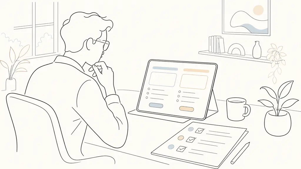 Editorial photo of a small business owner at a desk comparing a domain checkout page showing a first-year promo and a higher renewal price, with a printed checklist highlighting WHOIS, transfer fees, and preselected add-on services, natural office light, no text or logos