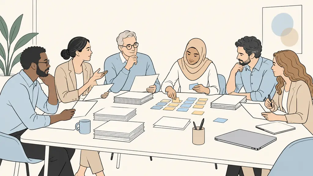 editorial photograph of a standards committee reviewing unmarked draft sheets around a meeting table, with color-coded textless notes and one participant sorting consultation comments, no visible text or logos