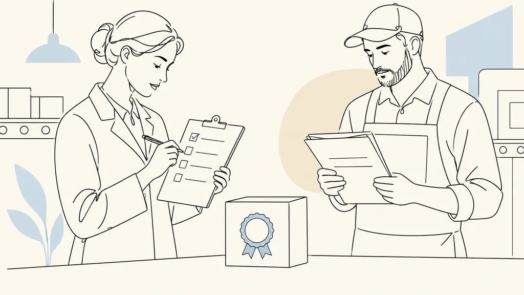 editorial photograph of an auditor checking an unlabeled quality checklist beside a product sample bearing a plain certification seal and a manufacturer reviewing compliance documents, no visible text or logos