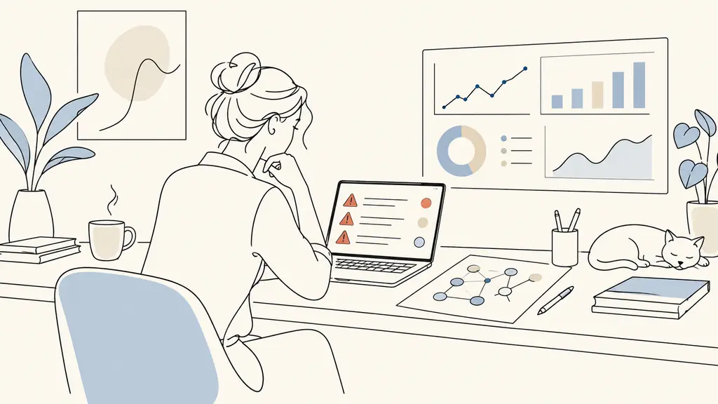 SEO consultant reviewing crawl errors on a laptop beside a printed keyword map and an analytics dashboard, editorial office photography, no readable text, no logo
