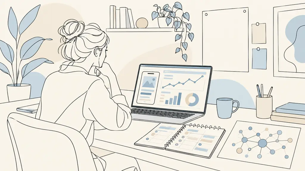 SEO specialist checking a mobile performance report on a laptop beside a keyword editorial calendar and a printed backlink graph, editorial office photography, no readable text, no logo
