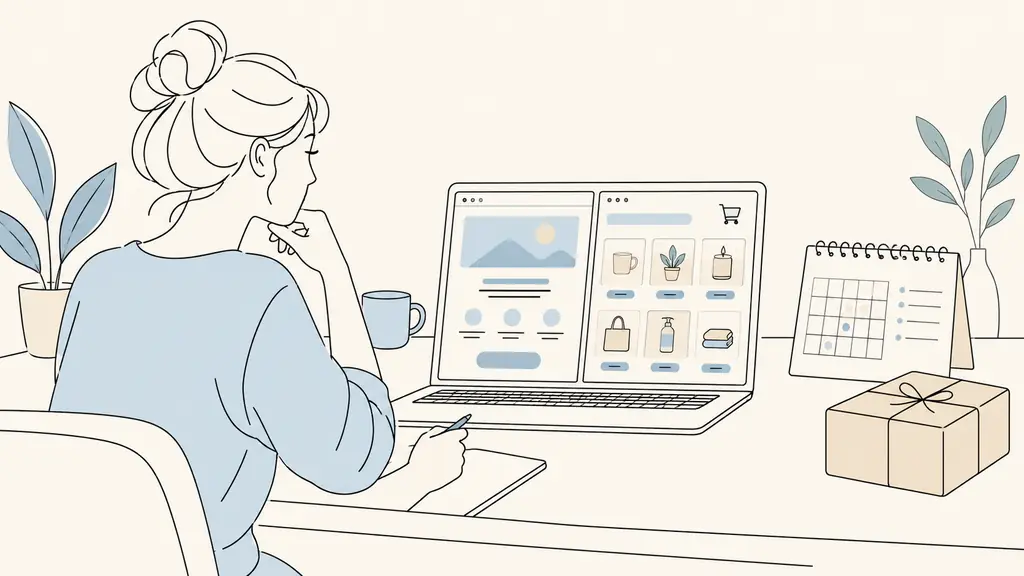 Local service business owner comparing a one-page website mockup and an online shop layout on a laptop, with a paper appointment calendar and product parcel beside it, editorial photography, no text, no logo