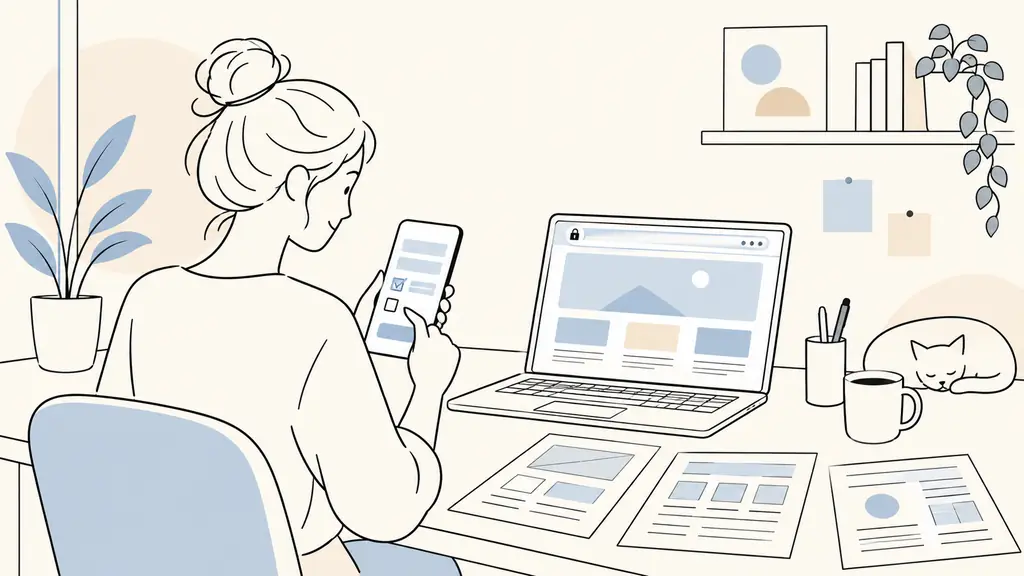 Small business owner checking a contact form on a smartphone beside printed website wireframes and a laptop displaying an SSL-secured homepage, editorial photography, no text, no logo