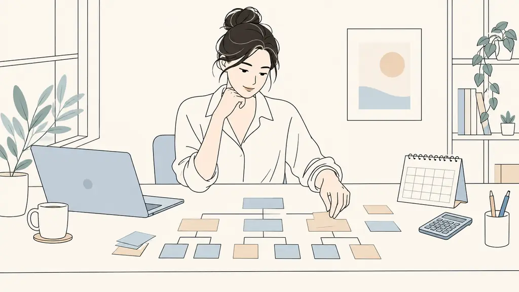 Small business owner and web consultant arranging color-coded sitemap cards beside a desk calendar and calculator, natural office light, editorial photography, no text, no logos