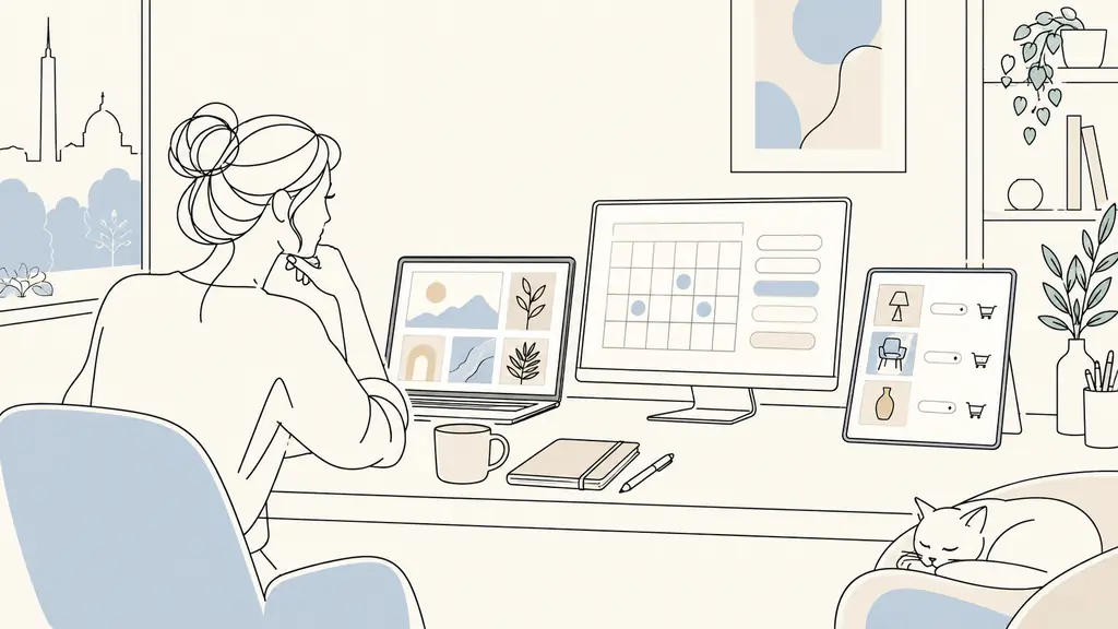 Independent consultant comparing a portfolio page, an appointment booking screen and an online shop cart on three devices, editorial office photography, no text, no logos