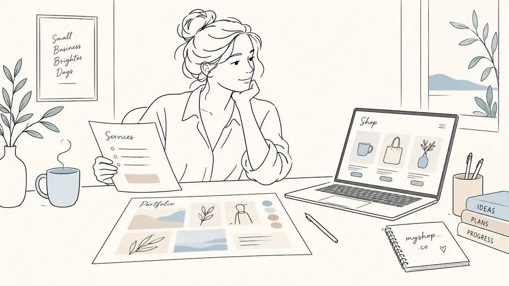 Small business owner at a desk comparing a one-page service brief, a portfolio mockup and an online shop product catalog on a laptop, with a handwritten domain name note beside it