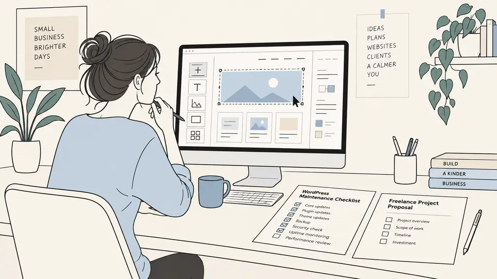Small business owner comparing a drag-and-drop website builder on one screen with a WordPress maintenance checklist and a freelance project proposal on the desk