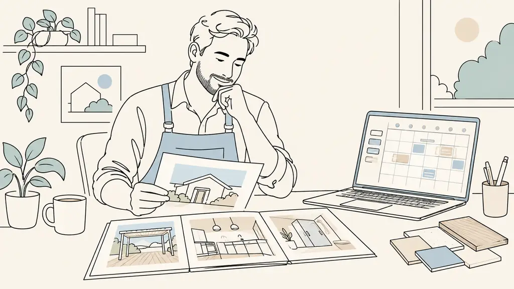 Local service business owner reviewing a website brief beside a laptop displaying an appointment calendar and a printed portfolio of completed projects, natural office setting, no text, no logo