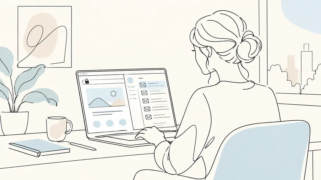 Small business owner checking a short domain name on a laptop, with a visible HTTPS padlock in the browser and a professional email inbox open beside it, natural office setting, no text, no logo