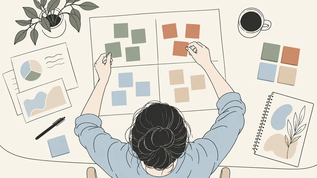 overhead editorial photograph of a small business owner sorting four colors of blank sticky notes into a hand-drawn four-quadrant grid, with market research printouts nearby, no readable text or logos