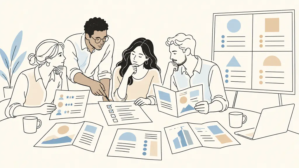 editorial photograph of a small business team comparing customer feedback sheets, a resource checklist and competitor brochures beside a color-coded four-quadrant SWOT board, no readable text or logos