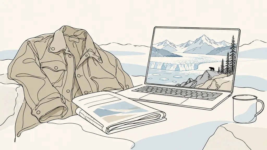 editorial photograph of a worn outdoor jacket beside a folded broadsheet newspaper and a laptop showing stark endangered wilderness imagery, no visible text or logo