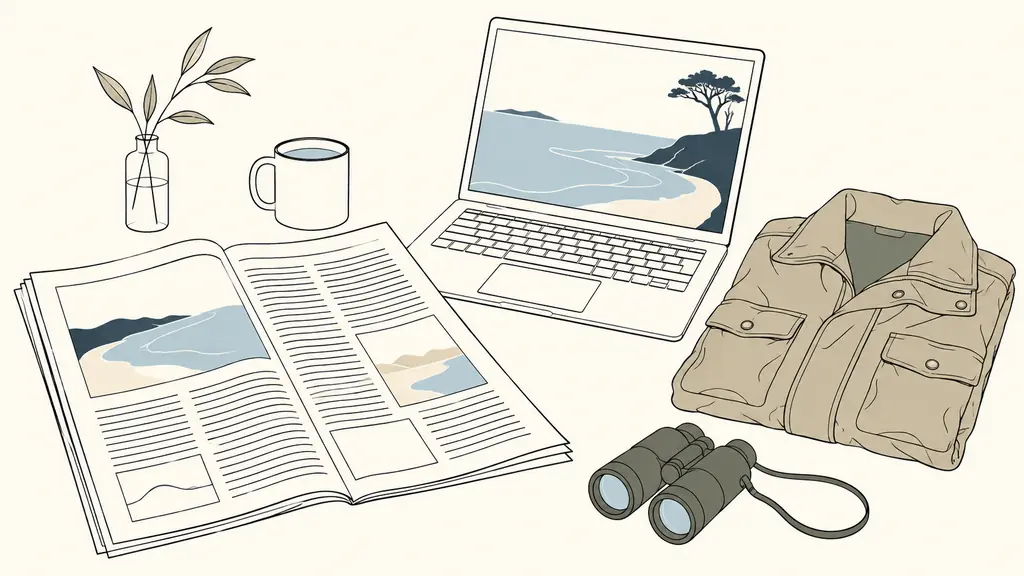 editorial photograph of an open broadsheet newspaper beside a laptop playing an environmental documentary teaser, with a worn outdoor jacket folded nearby, no visible text or logo