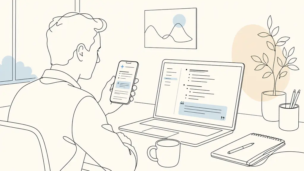 Editorial photo of a business owner reading an AI-generated search overview on a smartphone next to a laptop showing a clearly structured article outline with bullet points and a highlighted quote about 1 billion monthly users, natural office light, no text or logo