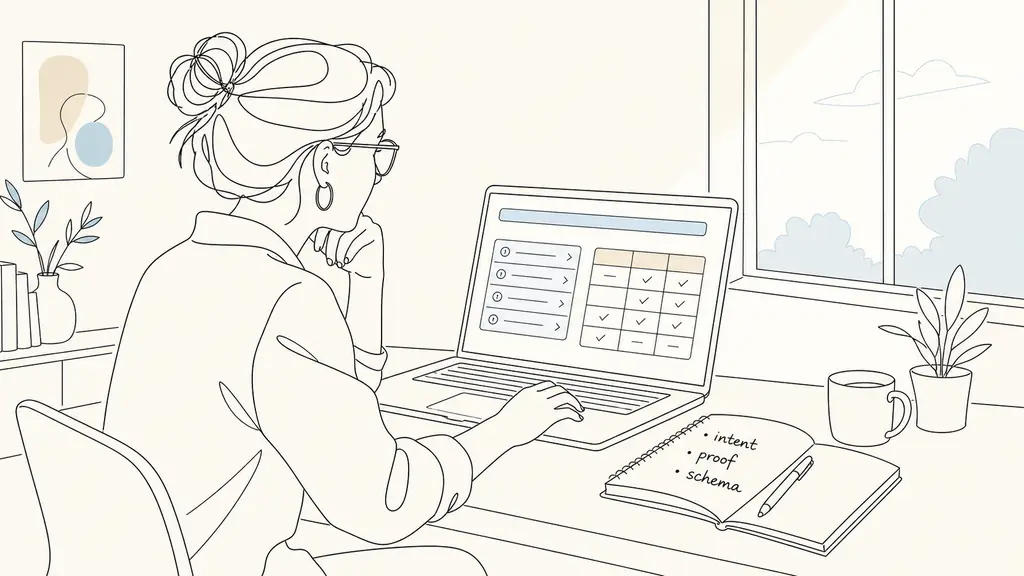 Editorial photo of a small business owner reviewing a service page on a laptop, with a short FAQ block and a comparison table visible on screen, while a notebook beside the laptop shows handwritten notes reading 'intent', 'proof', and 'schema', natural office light, no text or logo