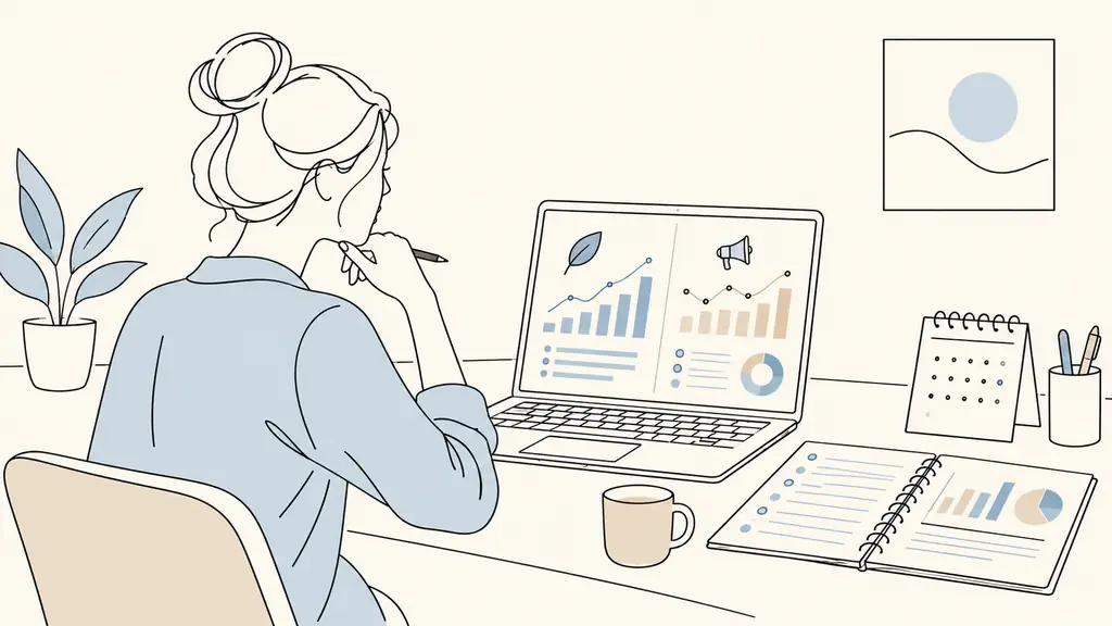 small business owner comparing organic search results and paid advertising performance on a laptop, with a campaign budget notebook and desk calendar beside it, editorial photography, no readable text, no logos