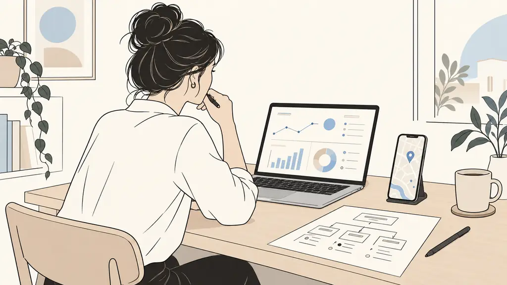 small business owner reviewing an index coverage dashboard on a laptop beside a smartphone displaying a local map, with a handwritten website structure sketch on the desk, editorial photography, no readable text, no logos