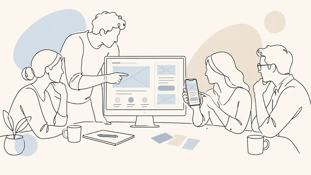 UX and UI designers reviewing a mobile wireframe and an interactive desktop prototype beside color swatches during a usability test, editorial photography, no text, no logo