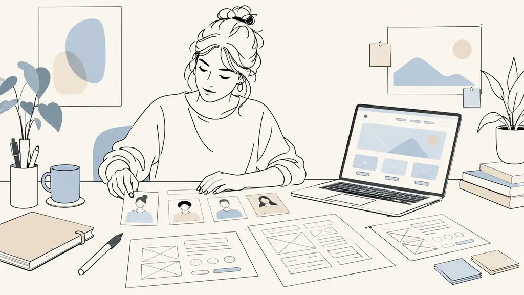 UX designer arranging persona cards and low-fidelity wireframes beside a laptop displaying an interactive service website prototype, editorial photography, no text, no logo