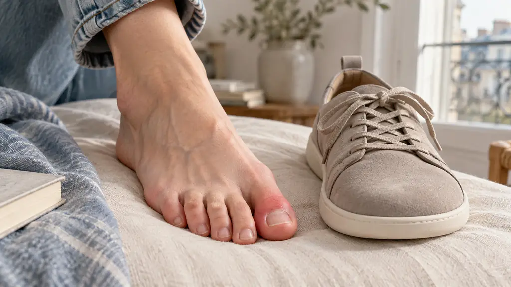 Close-up editorial photograph of a foot showing redness around the big toenail, a small callus on top of a bent toe, and a wide toe-box shoe placed beside it, no text or logo