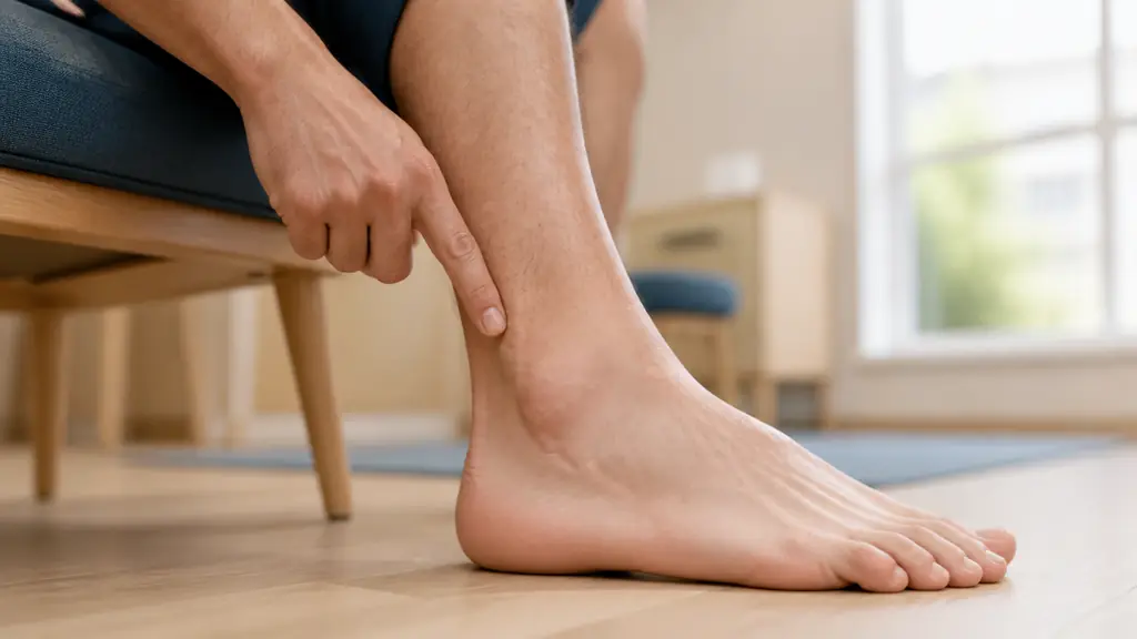Editorial close-up photograph of an adult seated and pointing with one finger behind the outer ankle bone, with the little-toe side and fifth metatarsal clearly visible, natural clinical setting, no text, no logo