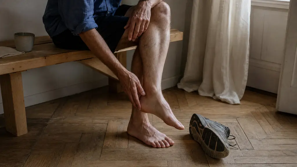 Editorial photograph of an adult examining the outer midfoot beside the fifth metatarsal, with a worn sports shoe showing outer-edge sole wear and mild swelling near the lateral ankle, no text, no logo