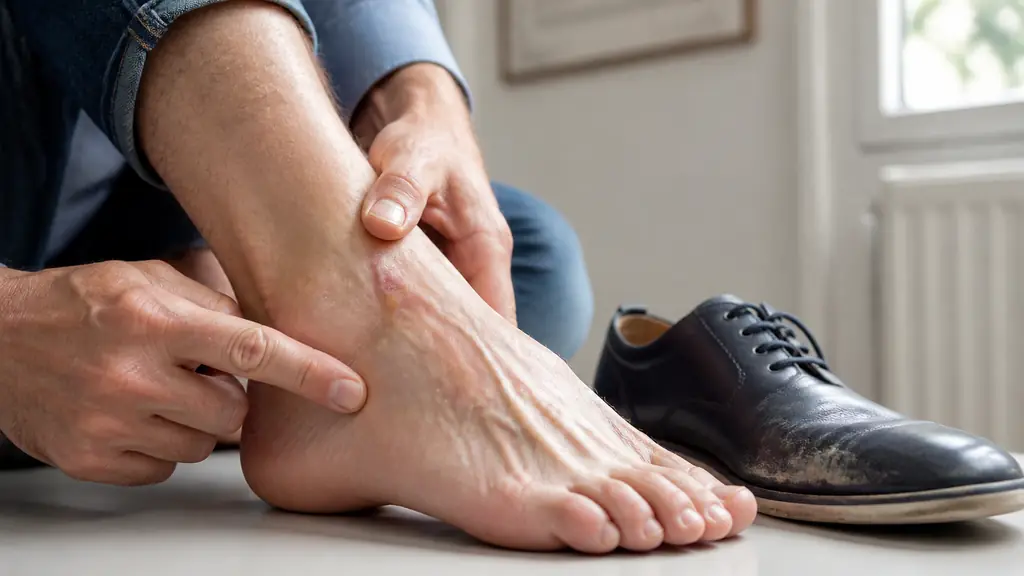 Editorial photograph of an adult examining a localized callosity along the outer midfoot beside a visibly worn narrow shoe, with one hand indicating the cuboid area, natural clinical lighting, no text, no logo