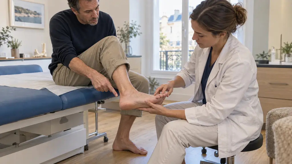 Editorial photograph of a seated adult pointing to the underside of the right heel while a healthcare professional examines the forefoot and ankle, natural clinic setting, no text or logo