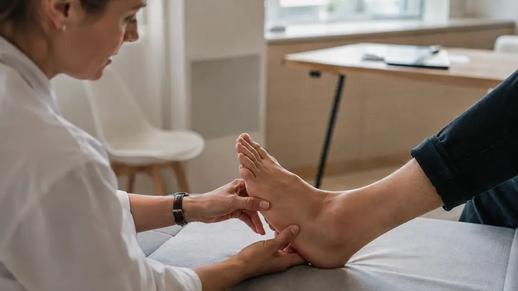 Editorial clinical photograph of a healthcare professional gently palpating the fifth metatarsal while examining swelling around the outer ankle, no text, no logo