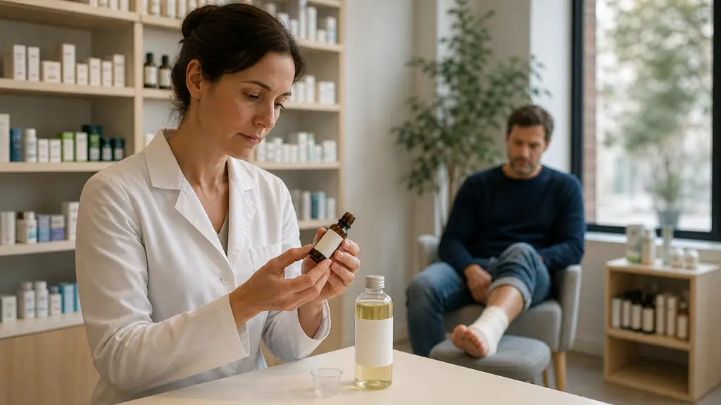 editorial photograph of a pharmacist examining a labeled essential oil bottle and a neutral vegetable oil beside a small measuring cup, while a seated adult keeps the injured ankle resting without massage, no text, no logo