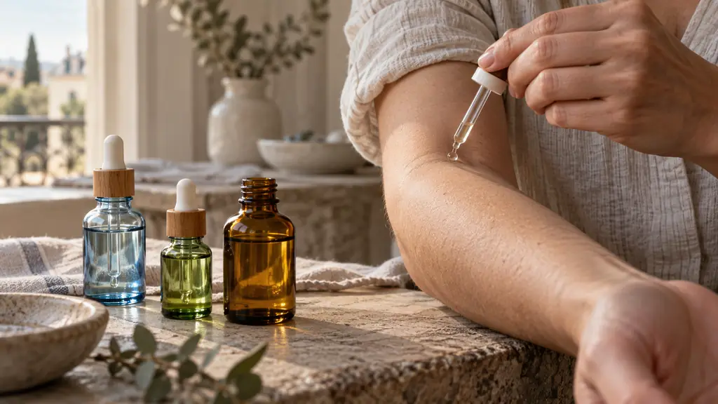 Close-up editorial photograph of diluted eucalyptus and wintergreen essential oils beside arnica macerated oil, with a person performing a patch test in the elbow crease