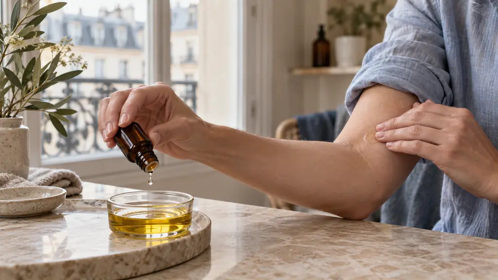Editorial close-up photograph of a small essential oil bottle being diluted into jojoba oil beside a person performing a patch test in the elbow crease, no text or logo