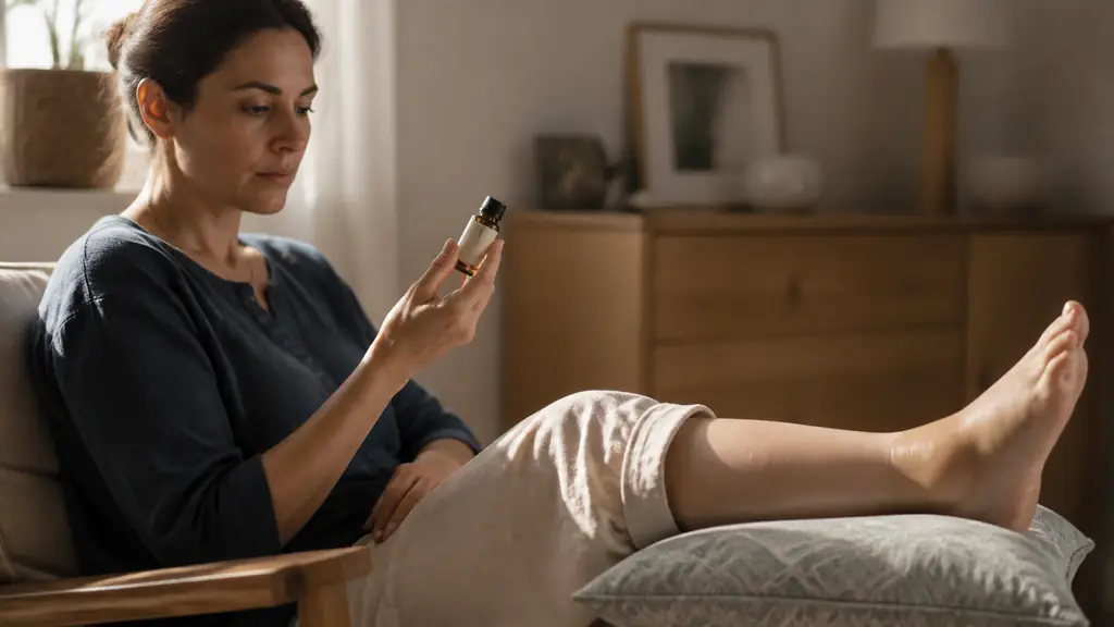 Editorial photograph of an adult reading the precautions label on a closed essential oil bottle beside an untouched swollen ankle with a small area of damaged skin, no text, no logo