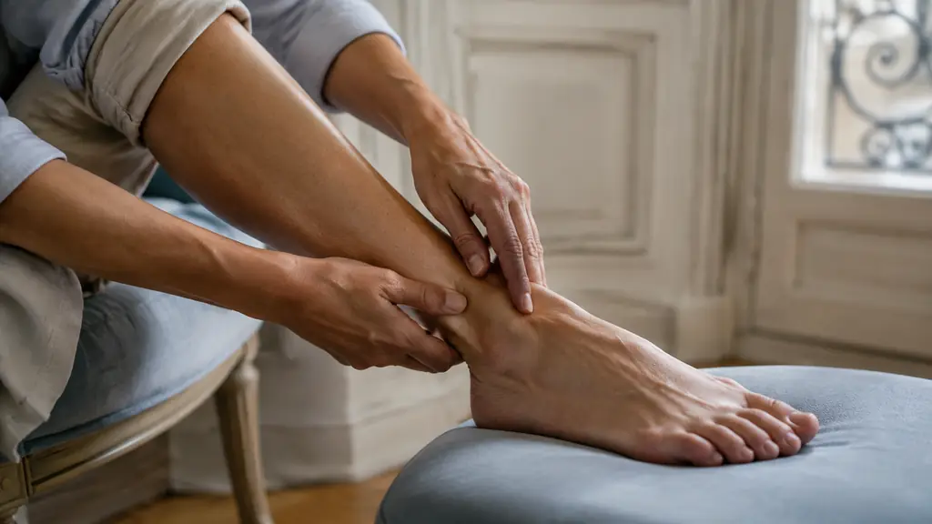 Editorial close-up photograph of an adult seated with one foot supported, hands drawing gentle circles around the ankle bones before performing an upward palm glide along the calf, natural daylight, no text, no logo