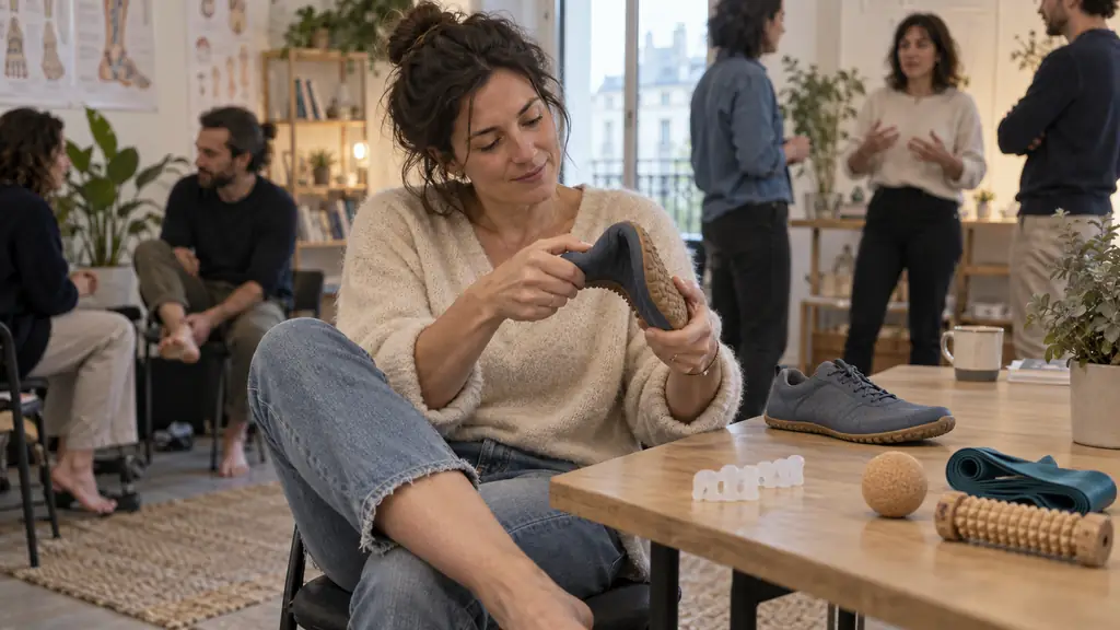 Editorial photograph of a visitor testing flexible barefoot shoes beside toe spacers and a foot mobility exercise kit at an indoor health workshop, no text, no logos