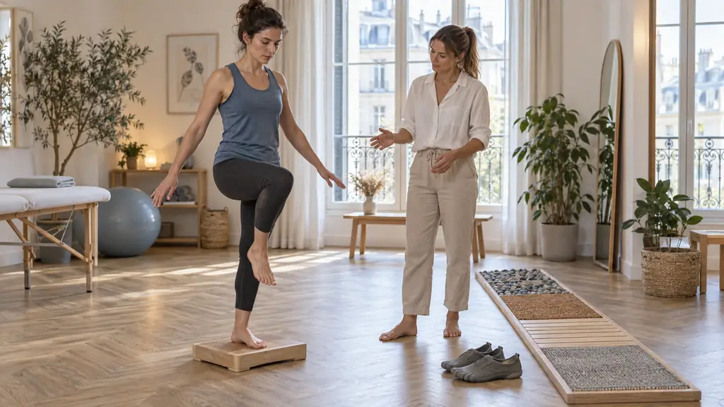 Editorial photograph of an adult performing a supervised foot strengthening exercise beside a barefoot sensory walkway and a pair of flexible minimalist shoes, no text, no logos