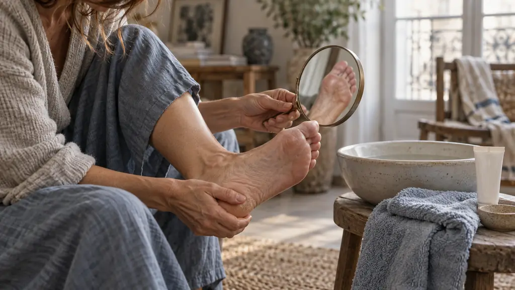 Close-up editorial photograph of a person inspecting the sole of one foot with a small mirror beside a basin, soft towel and tube of moisturizer, no text or logo