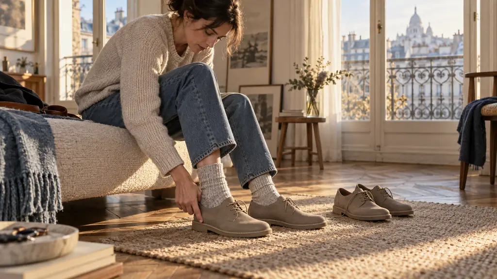 Editorial photograph of a person trying on shoes in late afternoon, checking toe room with one finger, with breathable socks and an airing second pair nearby, no text or logo