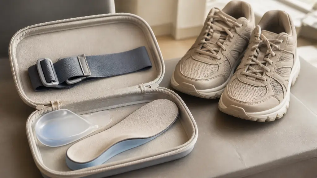 Close-up editorial photograph of an open plantar fasciitis kit containing a heel cup, an insole and a stretching strap beside a pair of walking shoes, no text or logo