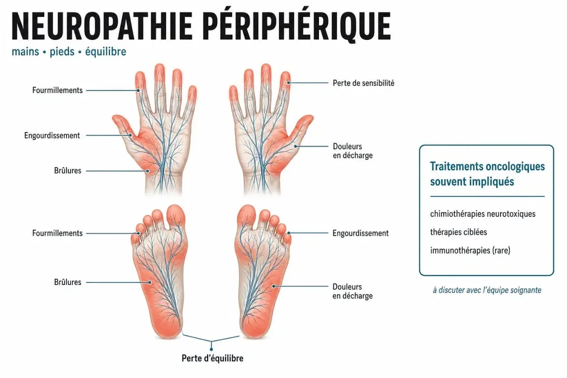 Gérer les neuropathies périphériques induites par les traitements oncologiques : schéma des nerfs périphériques touchés aux mains et aux pieds