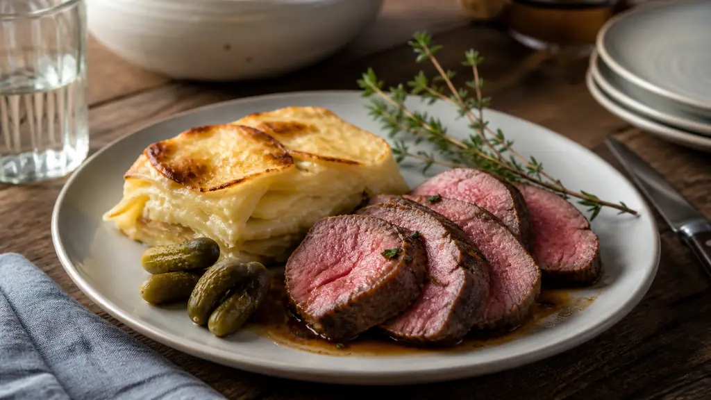 Editorial food photograph of sliced roast beef beside creamy gratin dauphinois, a short cooking jus, thyme sprigs and cornichons on a rustic French dining table, no text, no logo
