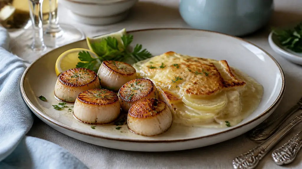 Editorial food photograph of pan-seared scallops beside creamy gratin dauphinois, finished with fresh parsley and lemon wedges on an elegant French dinner table, no text, no logo