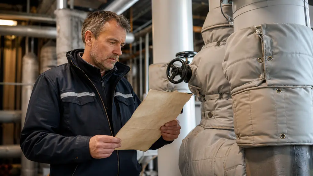 maintenance manager reviewing a dated CEE contribution document beside insulated heating pipes, with removable insulation covers on valves and flanges, editorial industrial photography, no text, no logo