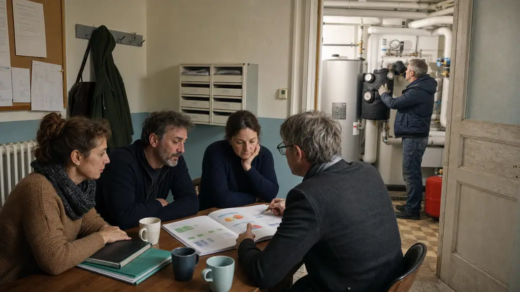 condominium energy renovation meeting with an energy audit open on a table, a maintenance manager inspecting insulated hot water pipes and removable valve covers in a shared boiler room, editorial photography, no text, no logo