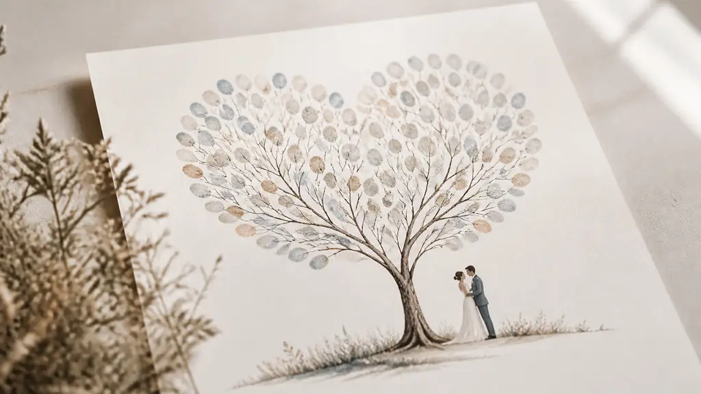 Editorial photograph of a personalized wedding fingerprint artwork featuring a heart-shaped tree crown, colorful fingerprint leaves, and a small illustrated couple silhouette on a flat paper print