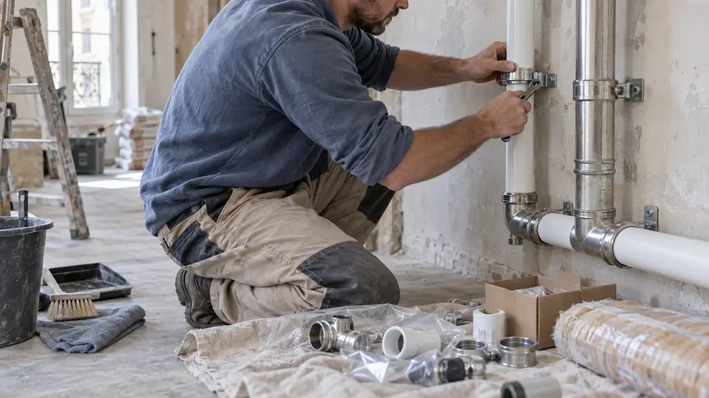 Construction site close-up showing a worker installing a permanently fixed pipe assembly, packaged loose materials nearby, and cleaning equipment set aside