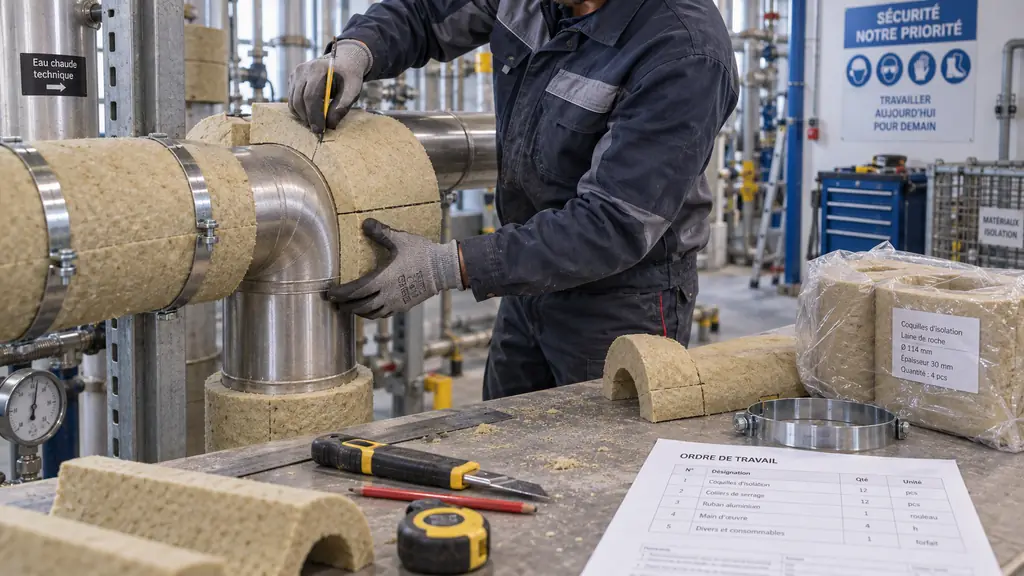 Close-up of a worker cutting and fitting insulation shells onto fixed industrial pipes, with unopened insulation materials and an itemized work order on a nearby workbench