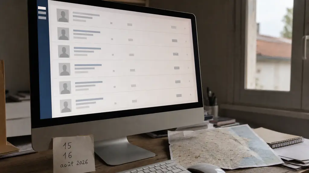 close-up editorial photograph of a computer displaying a chronological obituary list for Chantonnay, with a handwritten note showing August 15 and 16, 2026 and a map of nearby Vendée communes on the desk, no visible text or logos